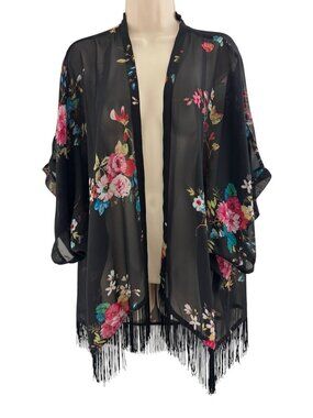 Floral Sheer Chiffon Fringe Dolman Kimono Shrug Country Bohemian Western Cowgirl